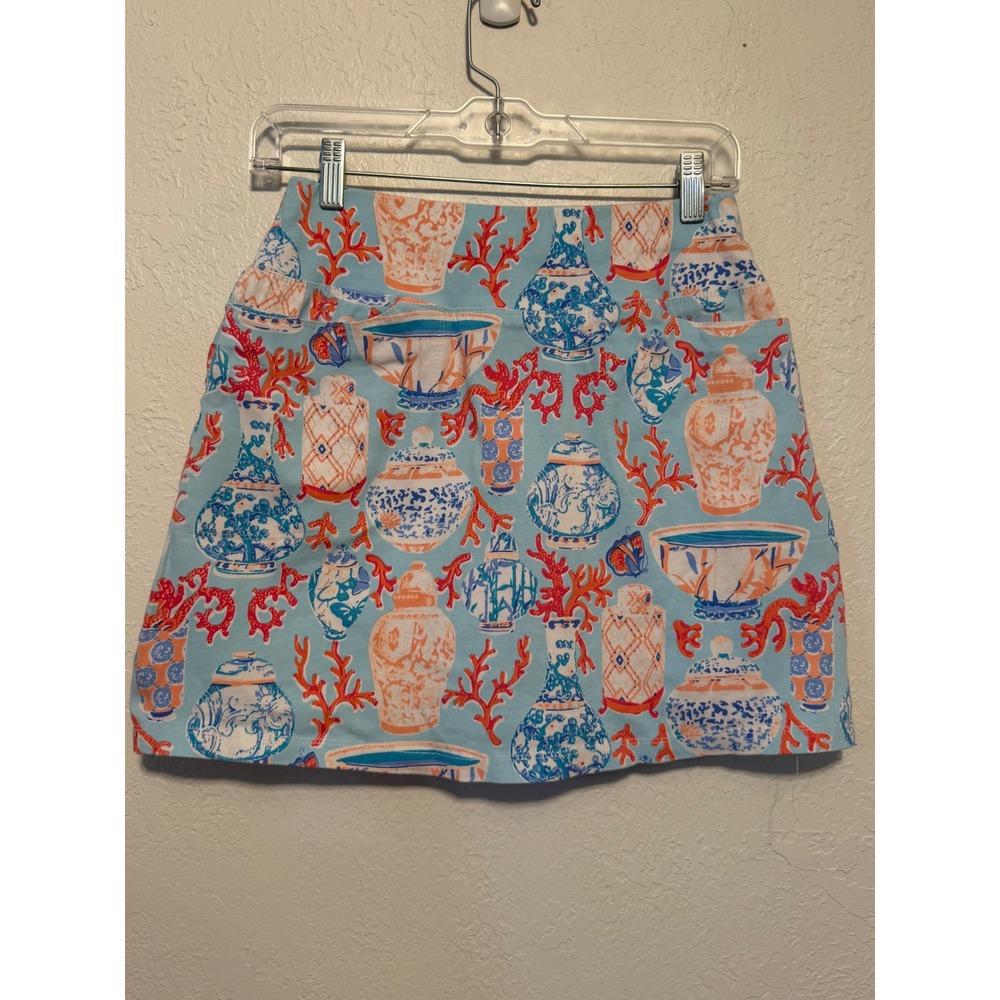 Barbara Erickson Chinoiserie Ginger Jar Coral Print Mini Skirt Blue Orange Sz 4